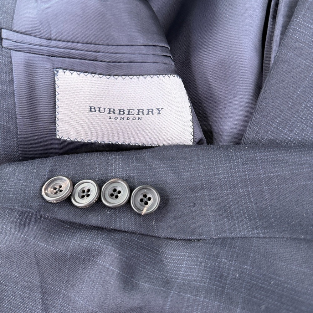Burberry London Blazer Men's 40R Navy Windowpane Wool Jacket Classic‎ Fit
